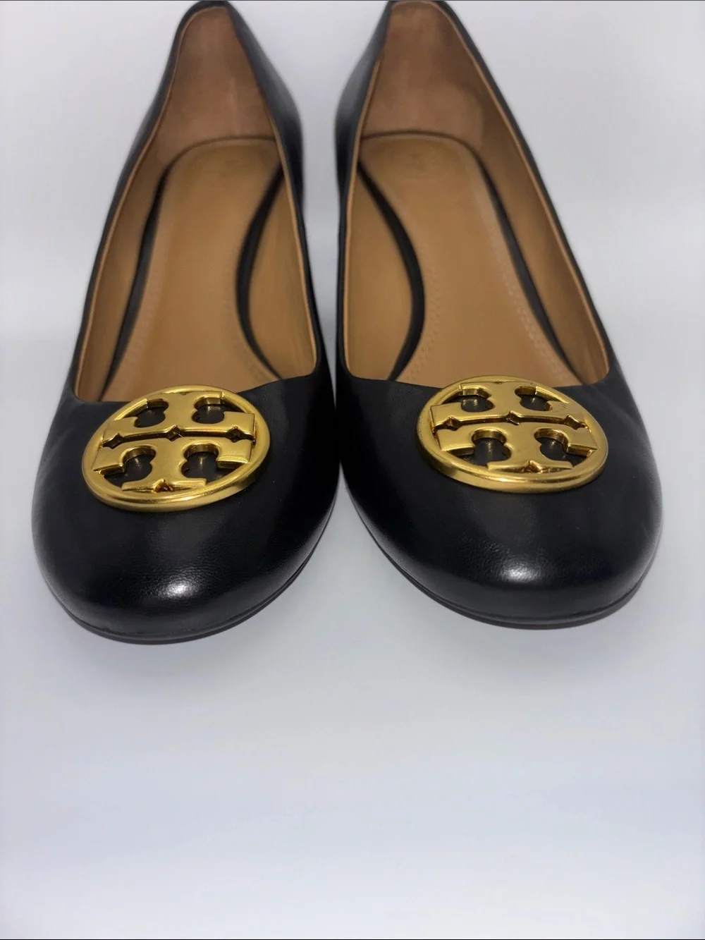 Tory Burch Black Leather Wedges with Gold Logo Medallion